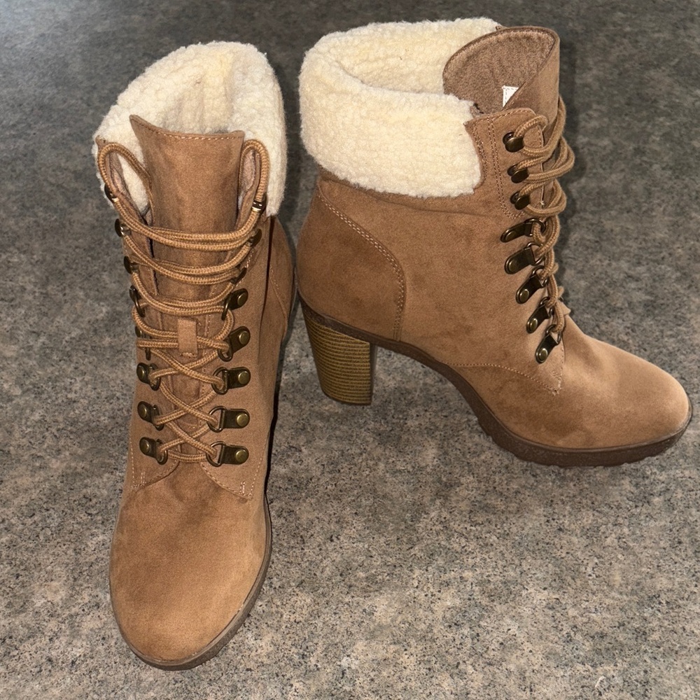 Tan Lace-Up Heeled Boots